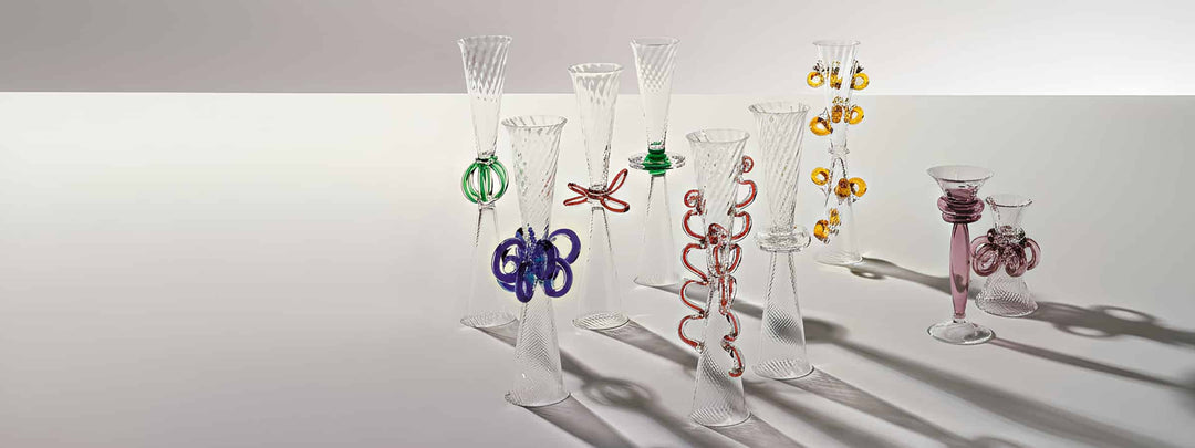"Artistic hand-blown glass goblets designed by Bořek Šípek, showcasing neo-baroque Italian craftsmanship for the Design Italy Serveware and Ceramics collection."