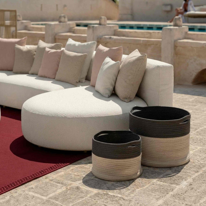 Outdoor Baskets podor beige version next to the talenti's outdoor sofa scacco 
