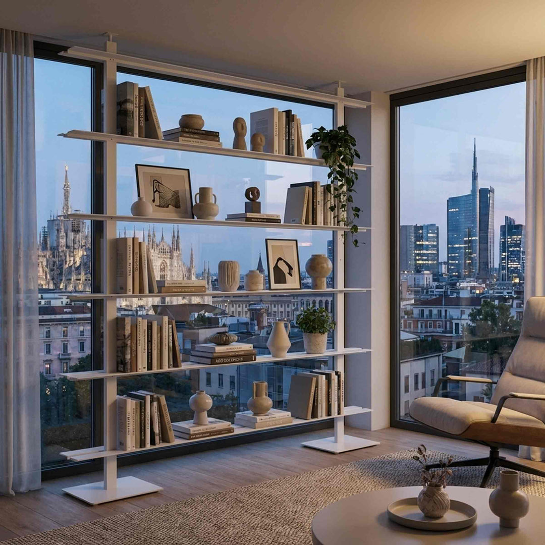 white bookcase b.bliotek by bbb italia in an apartment in Milan at night