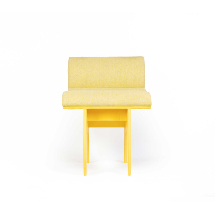 Calder Yellow chair by Jules Regis, bright yellow structure with soft cushions, contemporary designer seating.