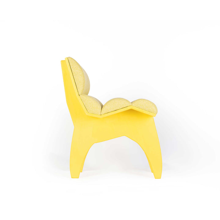 Calder Yellow chair by Jules Regis, bright yellow structure with soft cushions, contemporary designer seating
