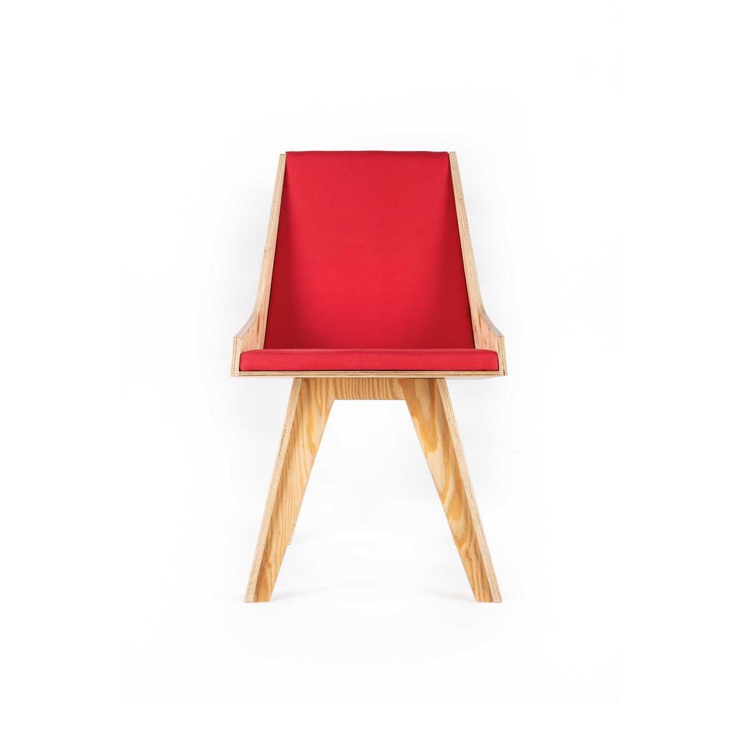 Cardillo Red chair by Jules Regis, phenolic CLT structure with red fabric upholstery, contemporary designer seating.