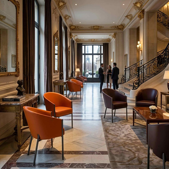 Leather Chair COSTES by Philippe Starck for Driade in orange and black in a lobby 