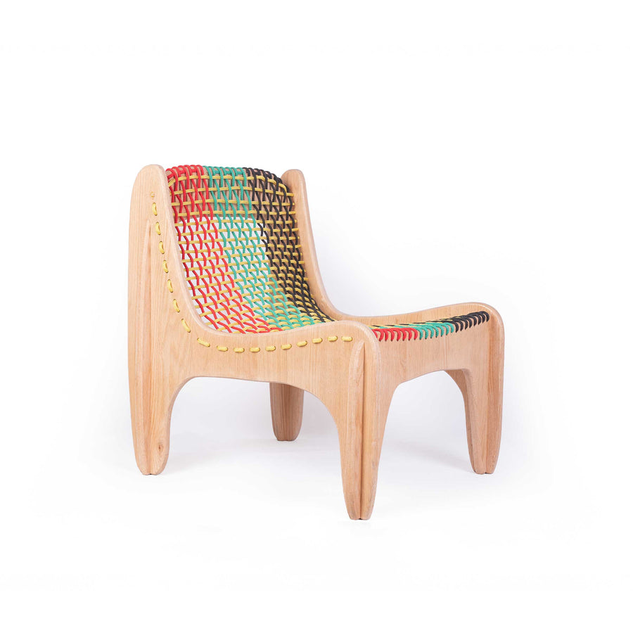 Spider chair by Jules Regis, oak wood structure with braided multicolor boat rope seating, contemporary designer chair