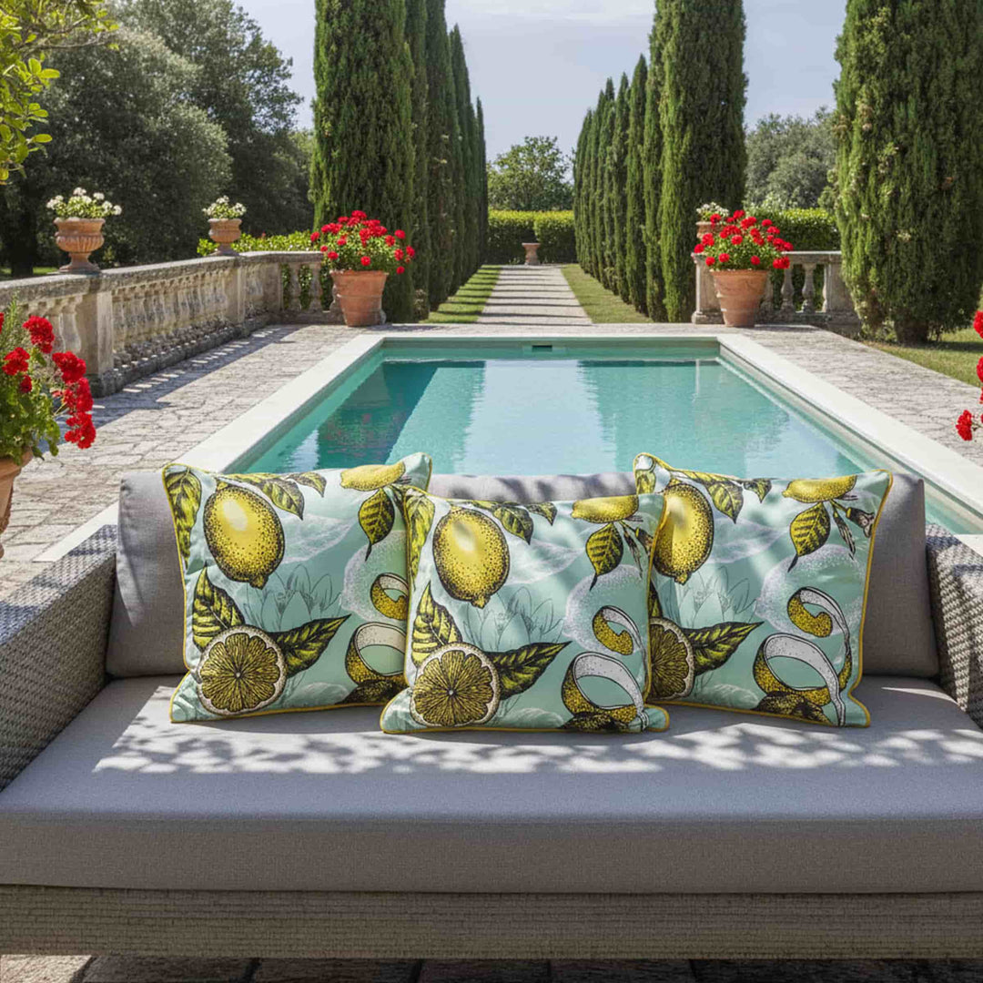 Mia Lemon cushion set of two by Luciana Gomez for MYIN, with removable zip cover and soft padded filling.
