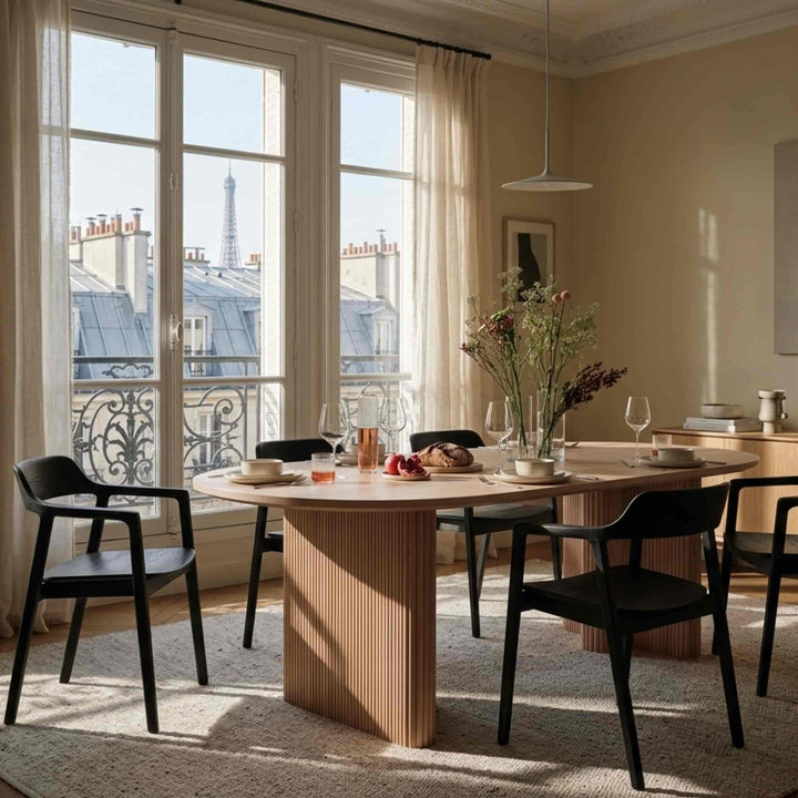 pink dining table basalto and black dune by dale italia in a dining room