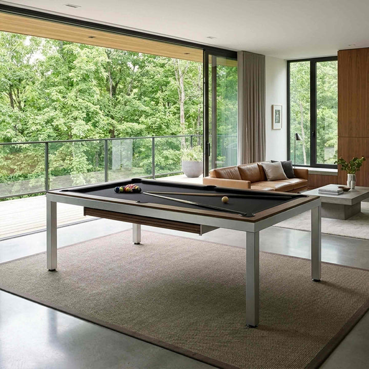 Pool Table CUBE by FAS Pendezza in a living room with a balcony 