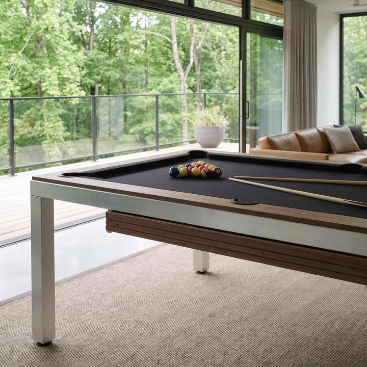 Pool Table CUBE by FAS Pendezza in a living room with a balcony 