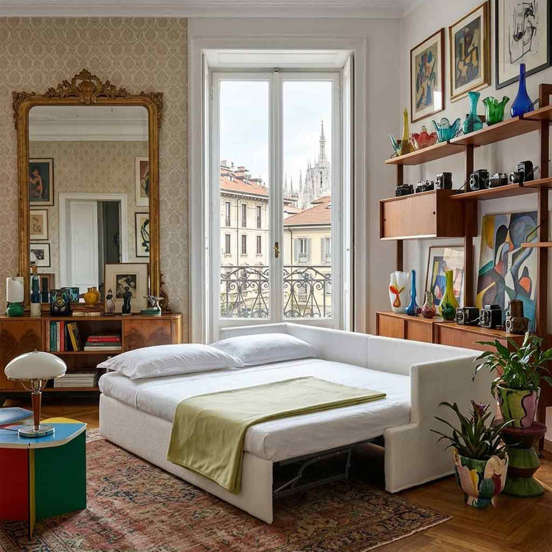 Sofa Bed BALI by Giulio Manzoni for Horm in a eclectic style living room in Milan