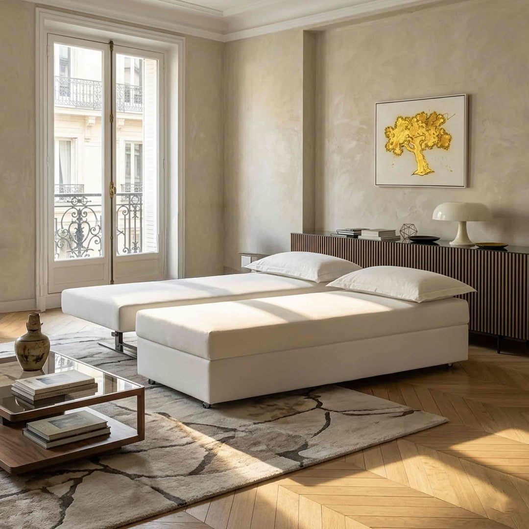 white Sofa Bed vulcano by Giulio Manzoni for Horm with Matt Lacquered and Oak Wood Sideboard leon decor