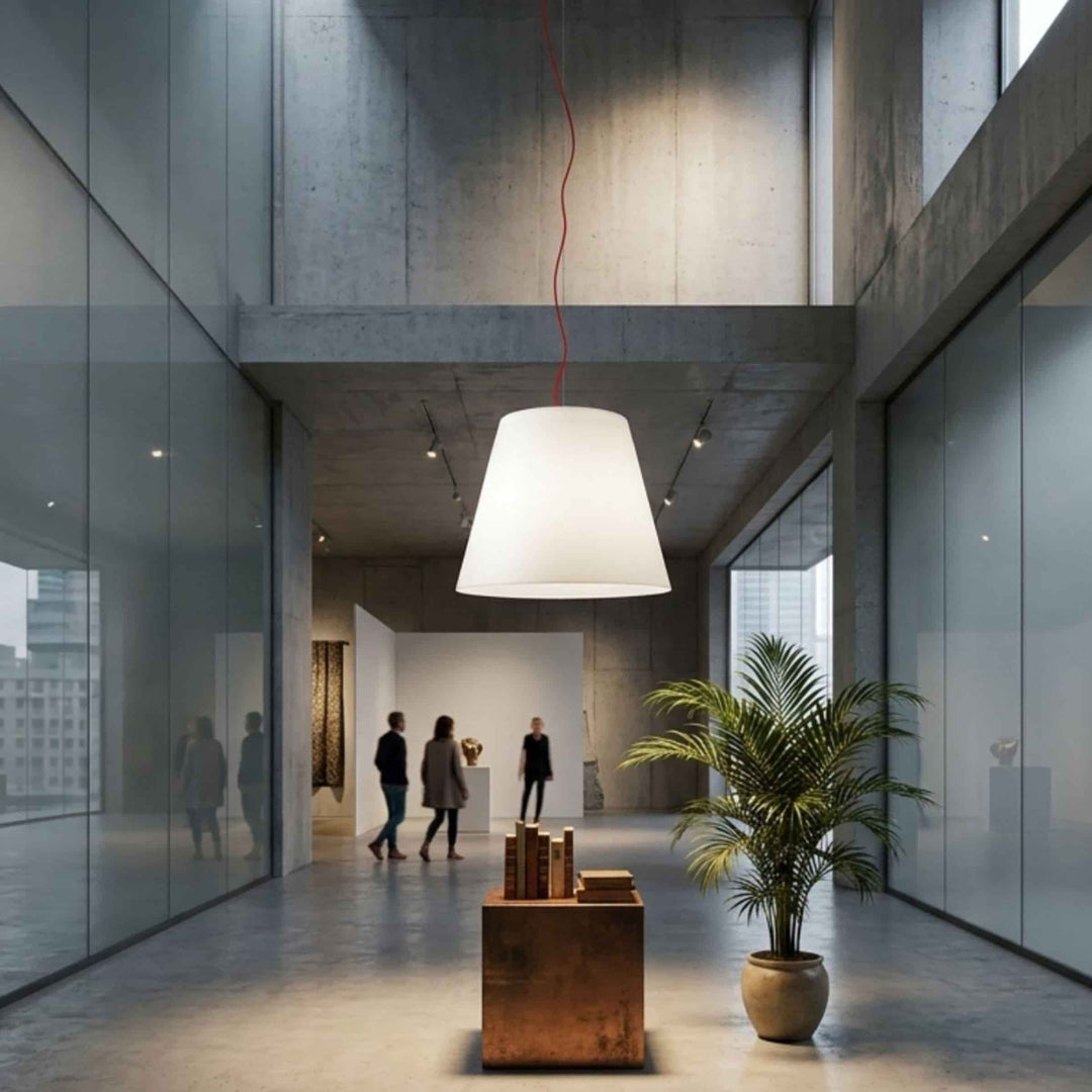 White Suspension Lamp Amax in a Neo-industrial lobby