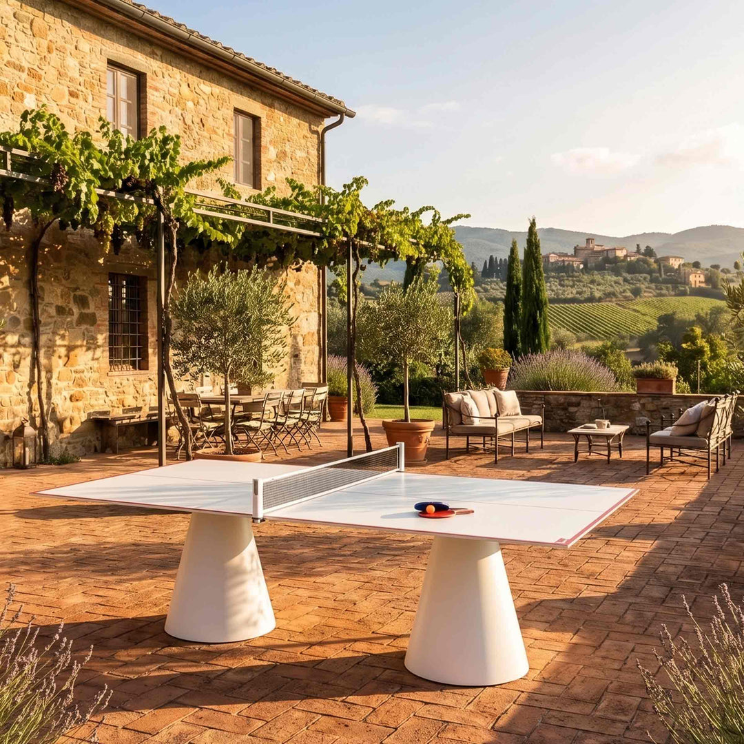 white outdoor table tennis DADA OUTDOOR by Basaglia and Rota Nodari for FAS Pendezza in a patio of a country house