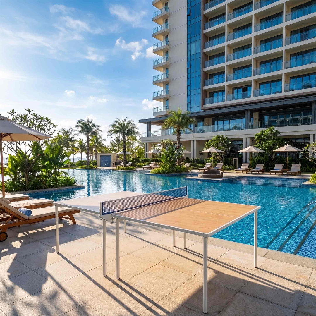 Covertible Table Tennis SPIDER by Basaglia and Rota Nodari for FAS Pendezza next to a pool of a hotel
