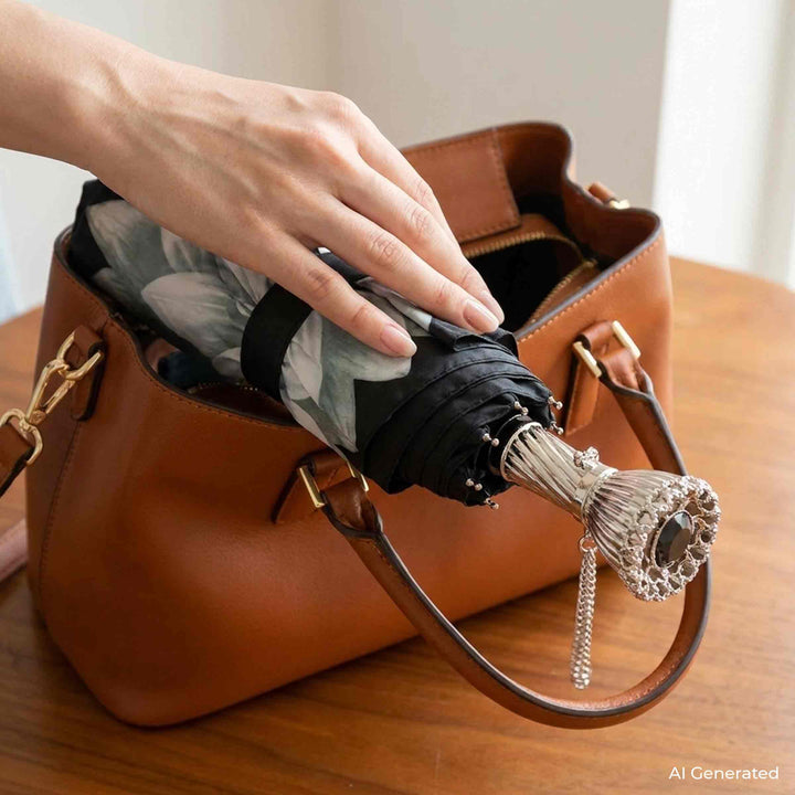 Opvouwbare Paraplu DAHLIA Zilver met Geslepen Messing Handvat van Pasotti