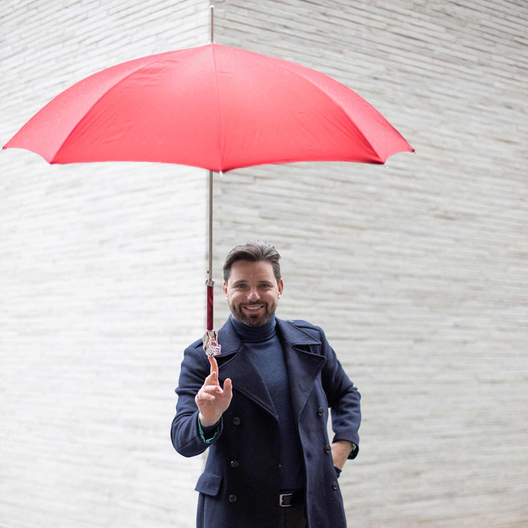 Silver Hound umbrella with silver-plated resin handle, luxury designer accessory.