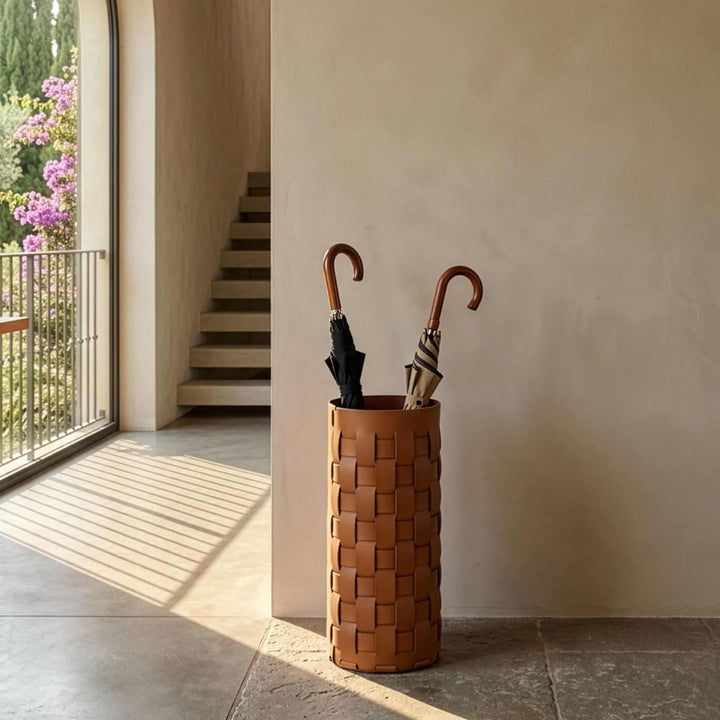 Cognac Leather umbrella Stand BOTTEGA by ADJ STYLE in a entry way of  villa