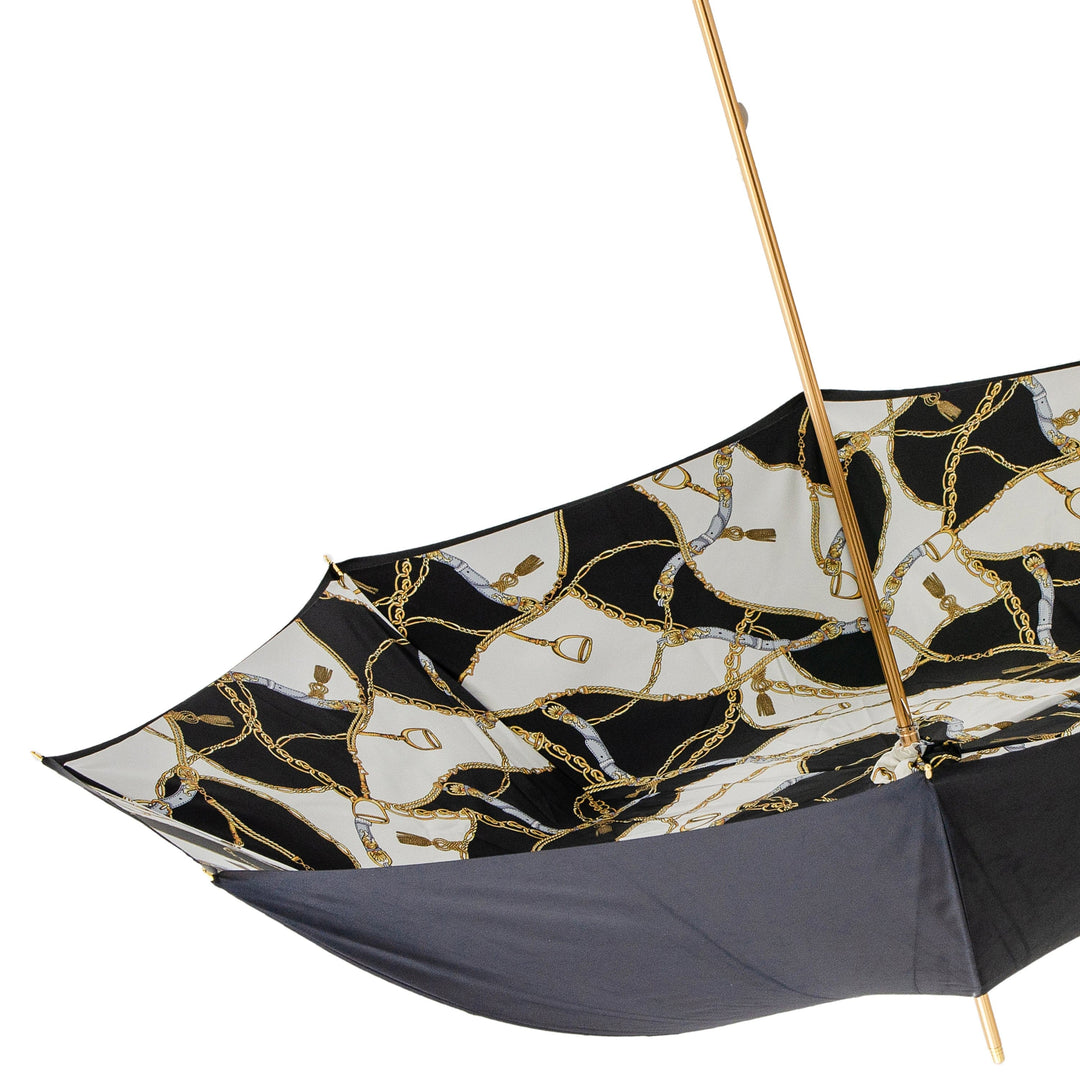 Umbrella BLACK BRIDLES PRINT with Leather Handle 06