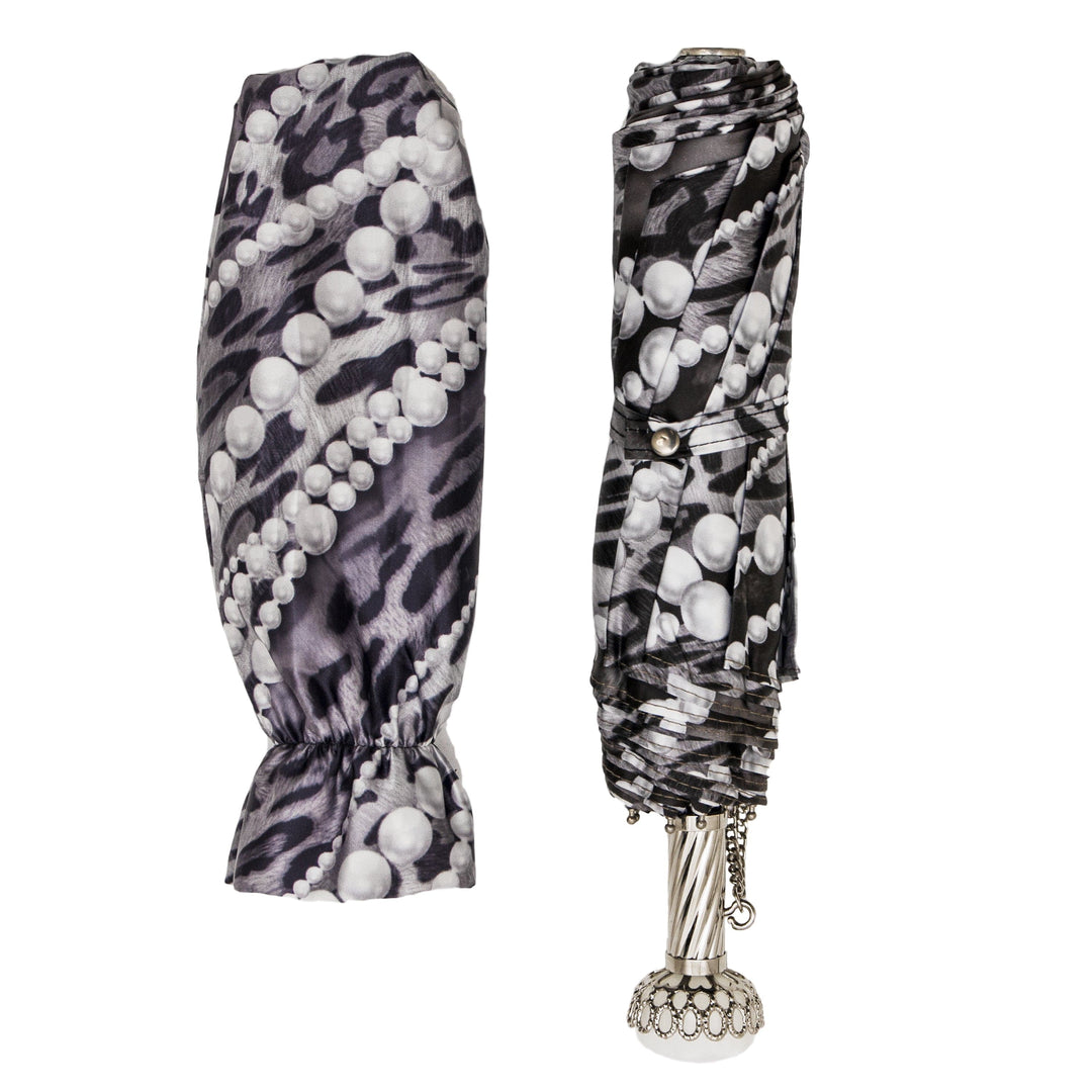 Folding Umbrella PEARLS PRINT with Jewelled Brass Handle 03