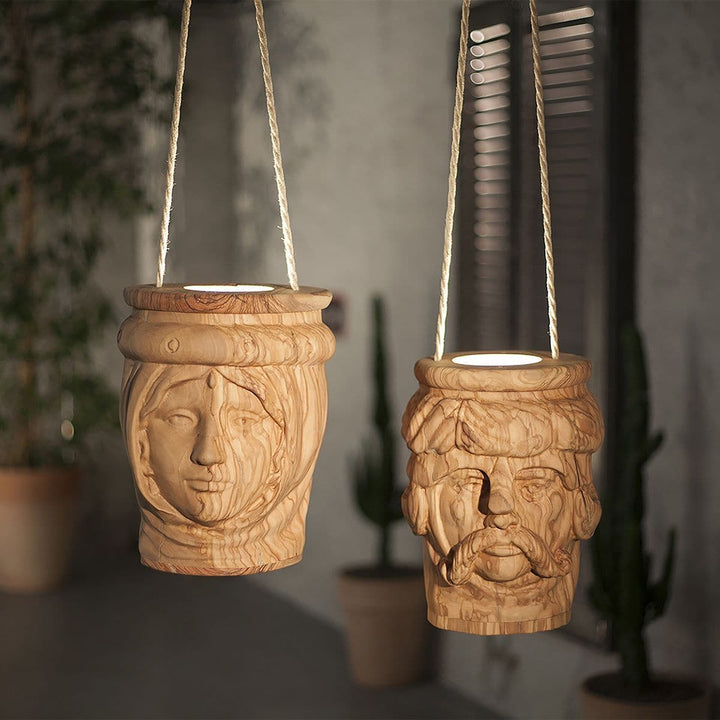 LED Suspension Lamp LA BEDDA & LU TURCU Olive Wood Sculpture 01